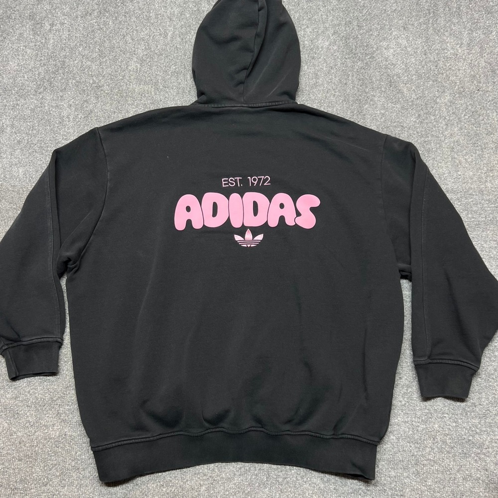 Adidas Oversized Hoodie Womens Black Pink Est 1972 Trefoil Logo Pullover Large